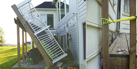 improper fastening to house and deck collapsed